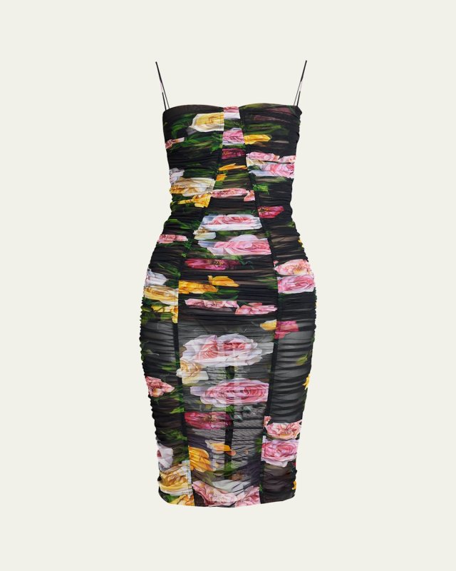 Rose Print Tulle Body-Con Draped Dress